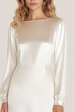 Ivory Satin Sheath Ankle Length Formal Dress with Long Sleeves