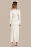 Ivory Satin Sheath Ankle Length Formal Dress with Long Sleeves
