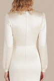 Ivory Satin Sheath Ankle Length Formal Dress with Long Sleeves
