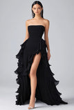 Black A Line Ruffles Chiffon Tiered Strapless Formal Dress with Slit