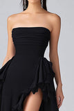 Black A Line Ruffles Chiffon Tiered Strapless Formal Dress with Slit