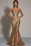 Sparkly Gold Sequins Strapless Mermaid Formal Dress with Slit