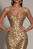 Sparkly Gold Sequins Strapless Mermaid Formal Dress with Slit