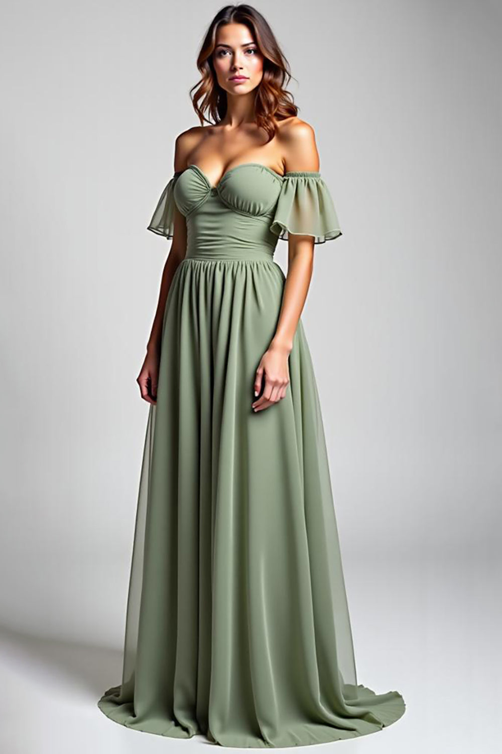 Off the Shoulder A Line Dusty Sage Chiffon Formal Dress