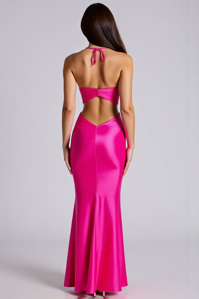 Load image into Gallery viewer, Halter Stretch Satin Fuchsia Sheath Formal Dress