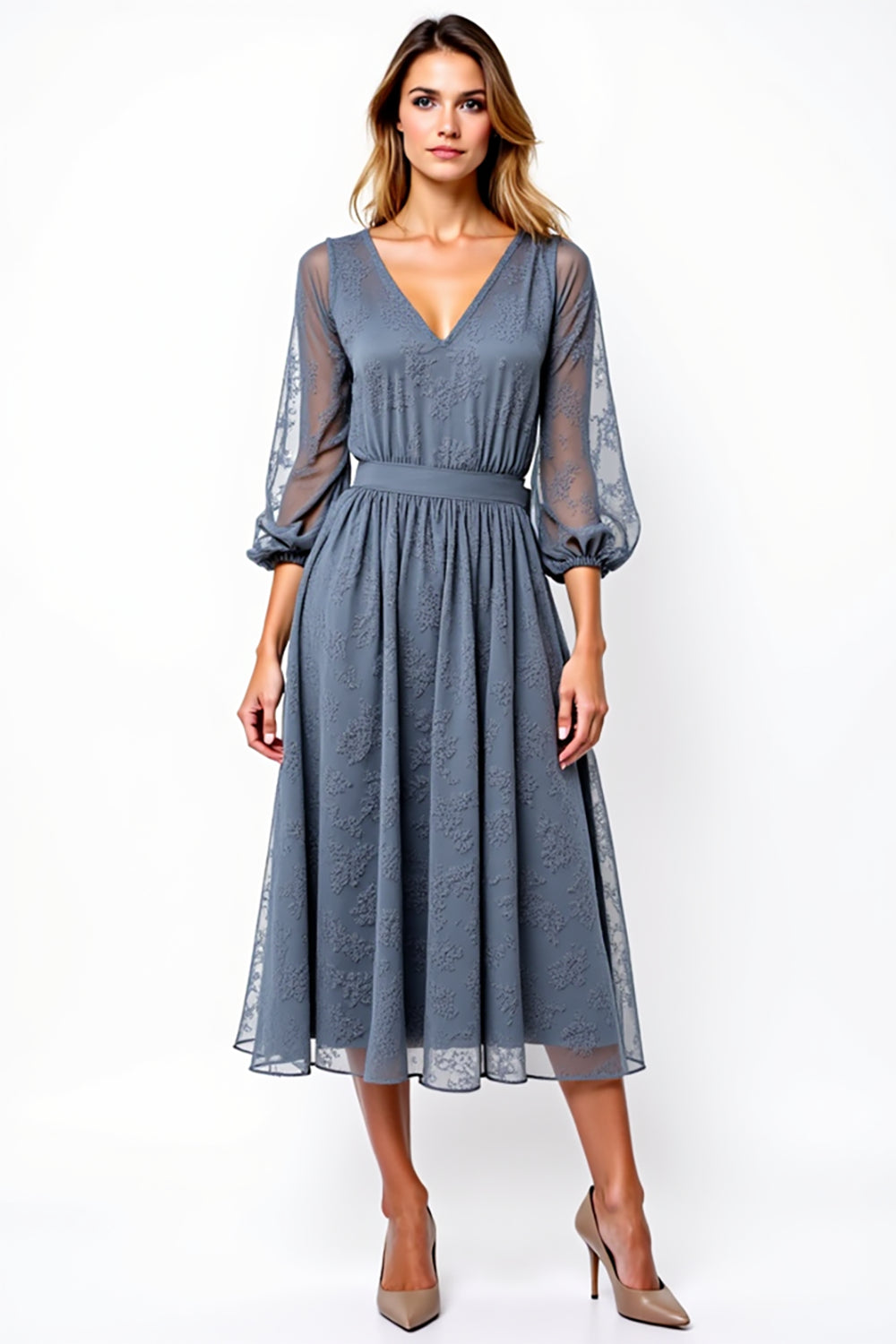 V-Neck Grey A Line Tea Length Formal Dress With Lace