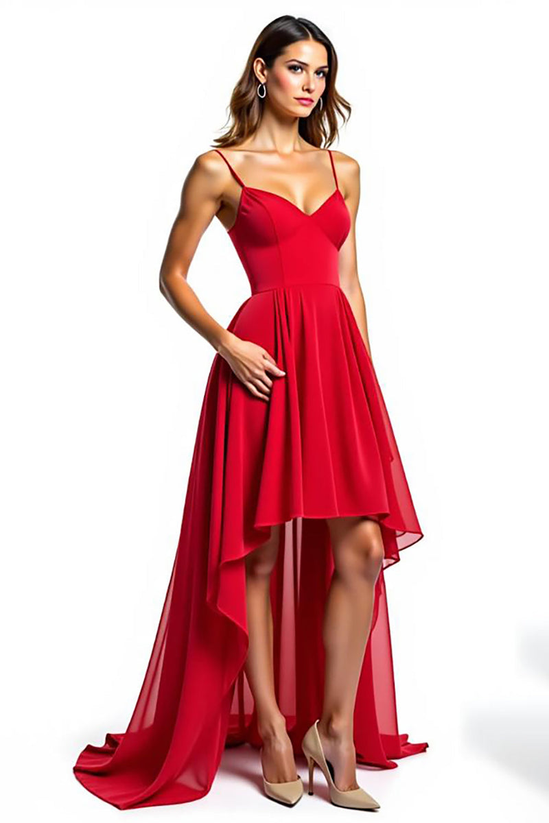 Load image into Gallery viewer, Red A Line Asymmetrical Chiffon Formal Dress With Ruffles