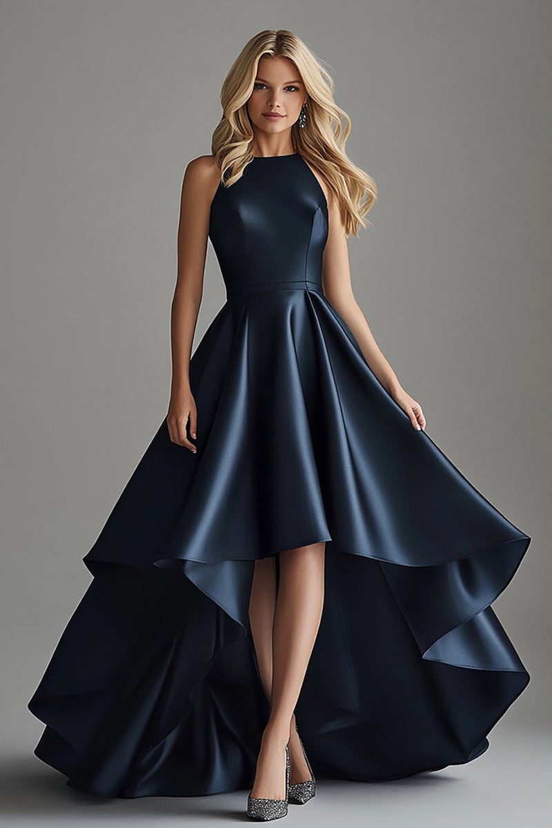 Load image into Gallery viewer, Navy Satin Asymmetrical Formal Dress With Ruffles