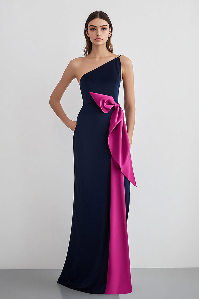 Load image into Gallery viewer, One Shoulder Sheath Long Navy Formal Dress With Bows