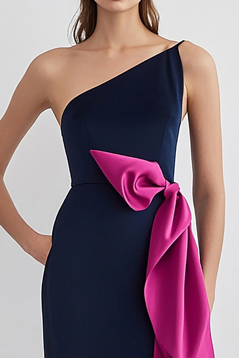 Load image into Gallery viewer, One Shoulder Sheath Long Navy Formal Dress With Bows