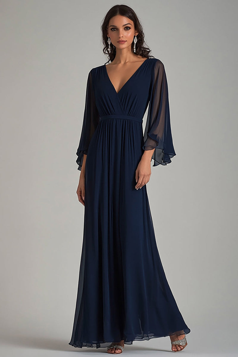 Load image into Gallery viewer, A Line Navy V-Neck Chiffon Formal Dress