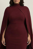 Burgundy Plus Size Sheath High Neck Midi Formal Dress with Cape