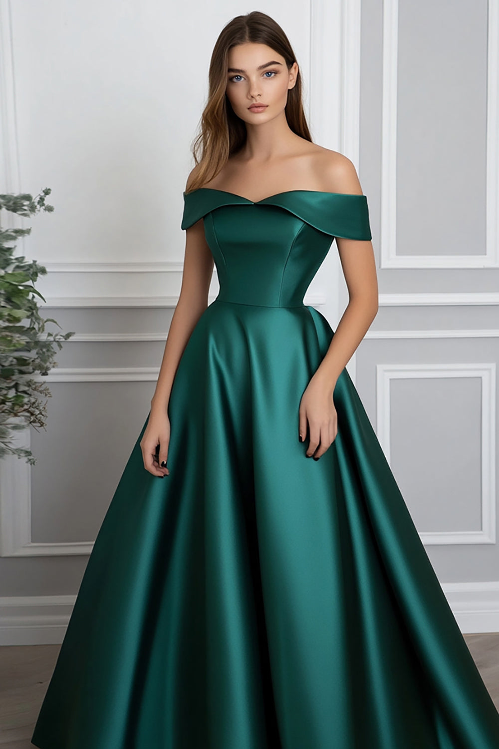 Off The Shoulder Dark Green A Line Satin Formal Dress