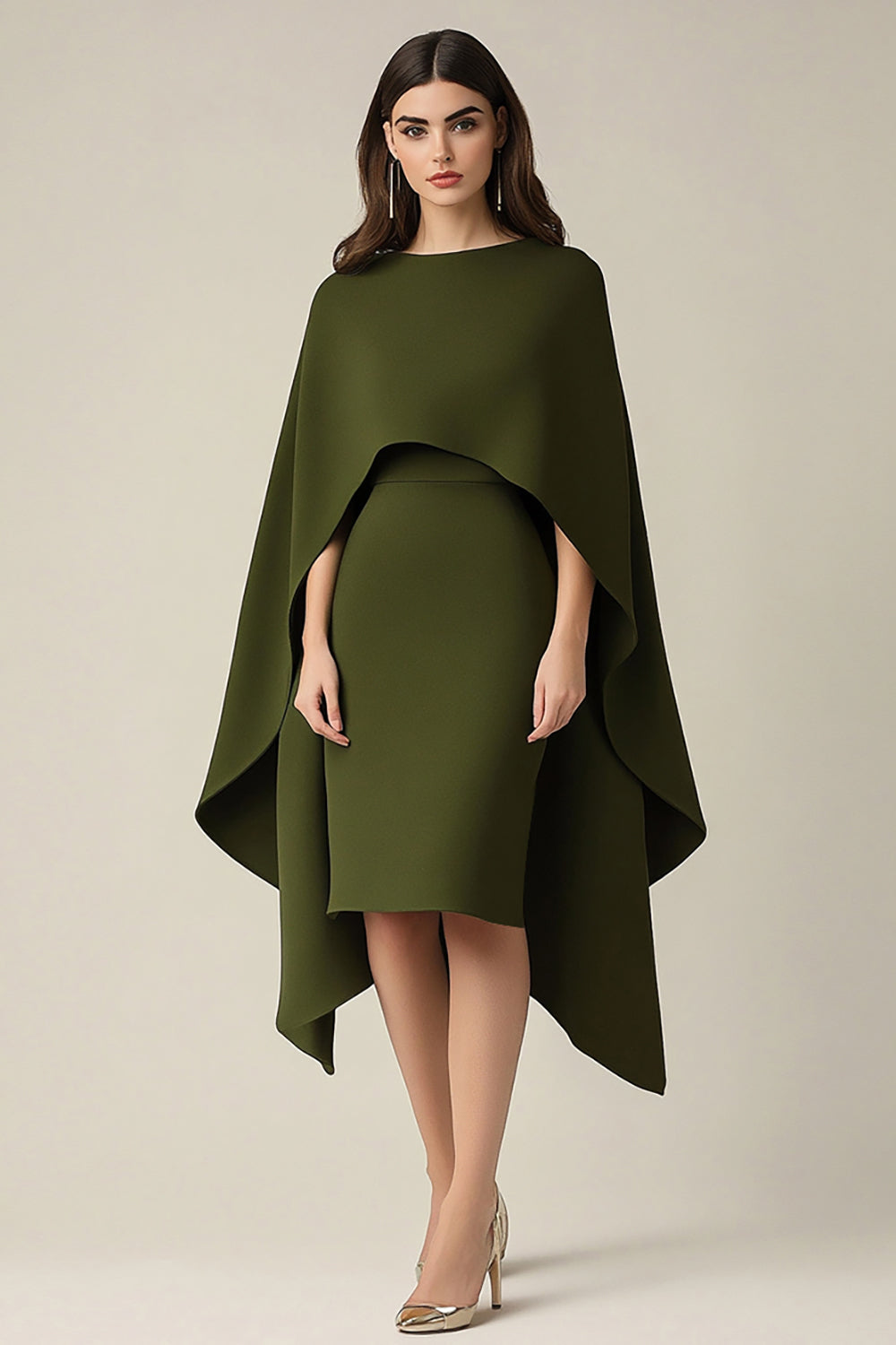Olive Cape Midi Formal Dress