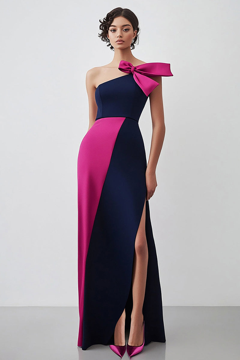 Load image into Gallery viewer, Navy Fuchsia Cold Shoulder Sheath Formal Dress