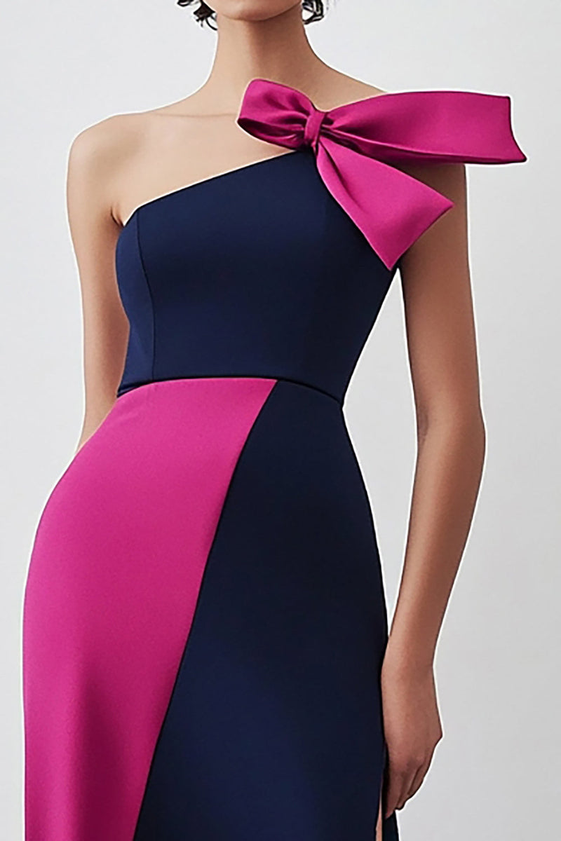 Load image into Gallery viewer, Navy Fuchsia Cold Shoulder Sheath Formal Dress