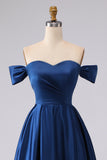 Off the Shoulder Navy Satin A-Line Long Prom Dress with Slit