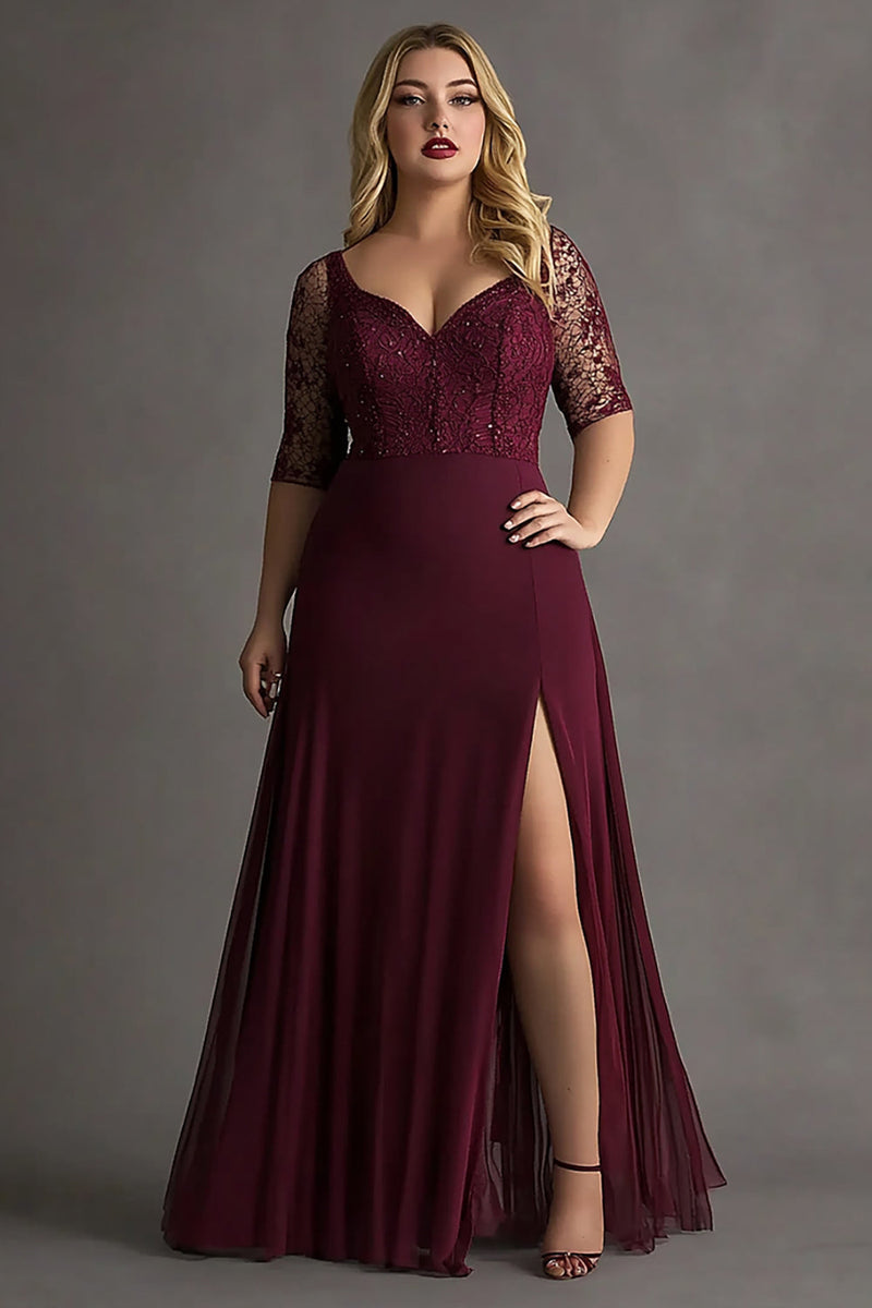 Load image into Gallery viewer, Plus Size Burgundy Half Sleeves Long Lace Formal Dress with Slit