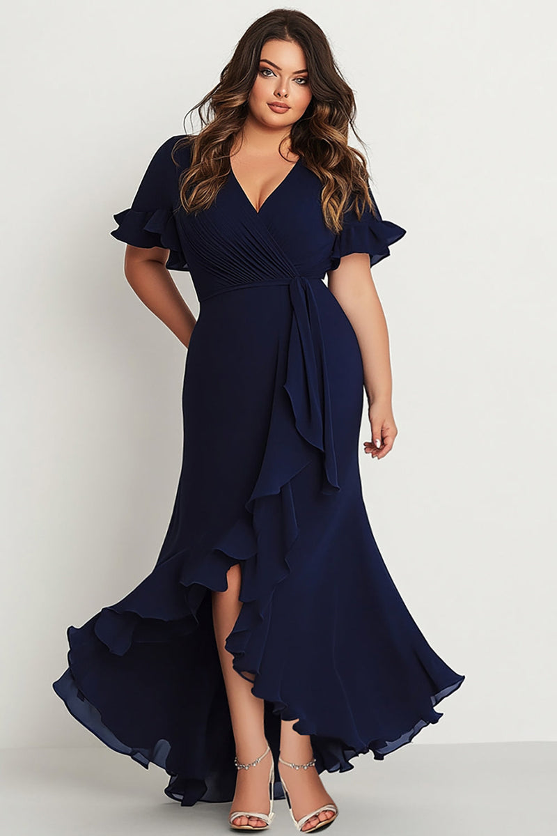 Load image into Gallery viewer, Mermaid Navy Short Sleeves Pleated Plus Long Formal Dress