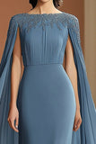 Grey Blue Boat Neck Sheath Long Formal Dress with Beading