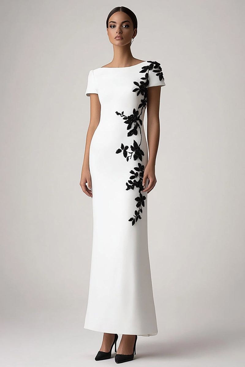 Load image into Gallery viewer, White Boat Neck Sheath Appliqued Crepe Long Formal Dress