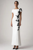 White Boat Neck Sheath Appliqued Crepe Long Formal Dress
