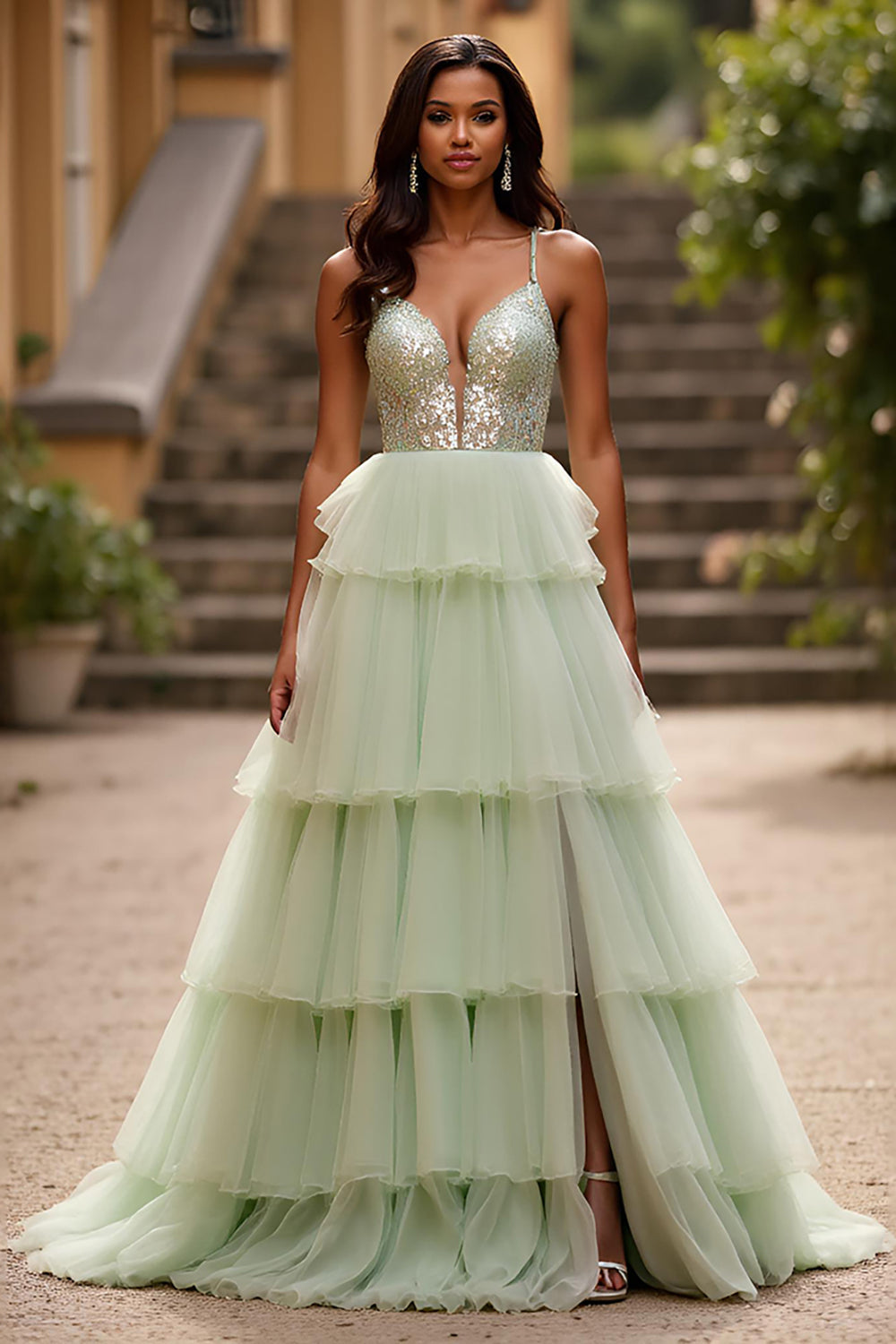 Sparkly Light Green Spaghetti Straps Tiered Long Prom Dress with Sequin