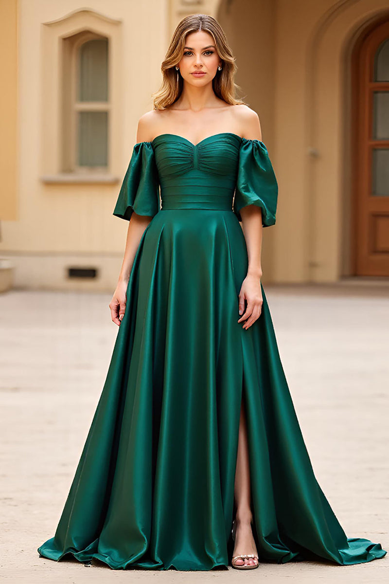 Load image into Gallery viewer, Dark Green Off the Shoulder Puff Sleeves Long Satin Prom Dress with Slit