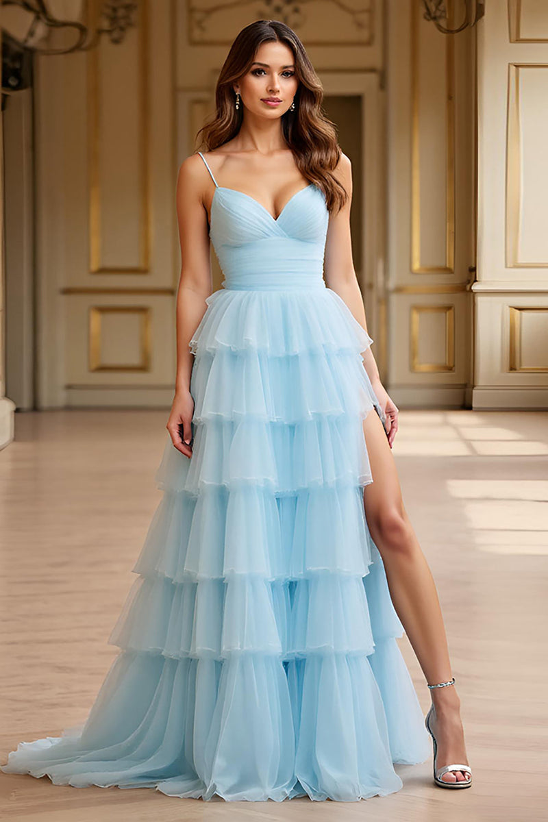 Load image into Gallery viewer, Sky Blue Tulle Tiered Spaghetti Straps A Line Prom Dress