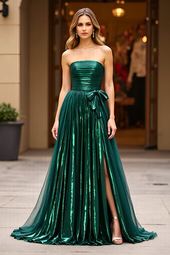 Glitter Dark Green A Line Strapless Ruched Prom Dress with Slit