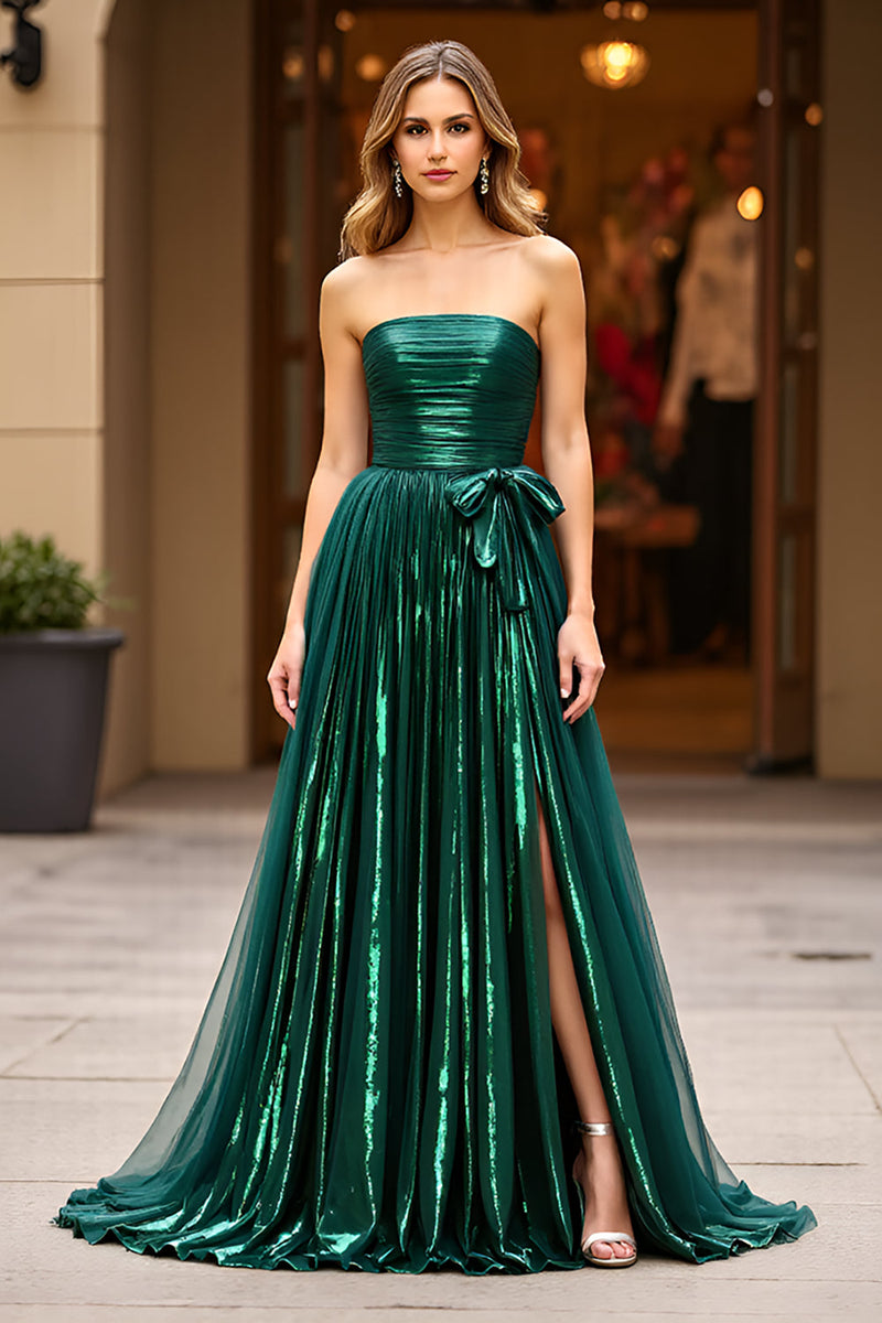 Load image into Gallery viewer, Glitter Dark Green A Line Strapless Ruched Prom Dress with Slit