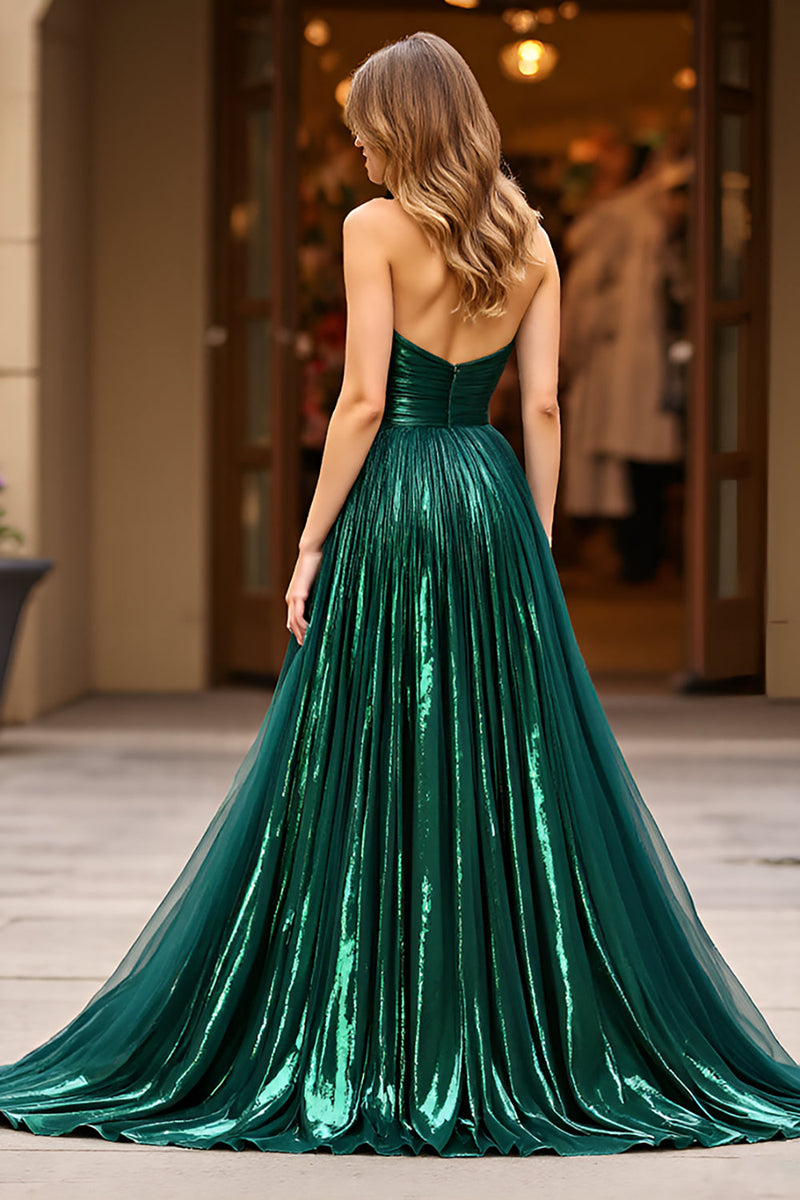 Load image into Gallery viewer, Glitter Dark Green A Line Strapless Ruched Prom Dress with Slit