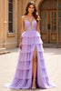 Load image into Gallery viewer, Lilac Lace Tulle Tiered Strapless Prom Dress with Slit