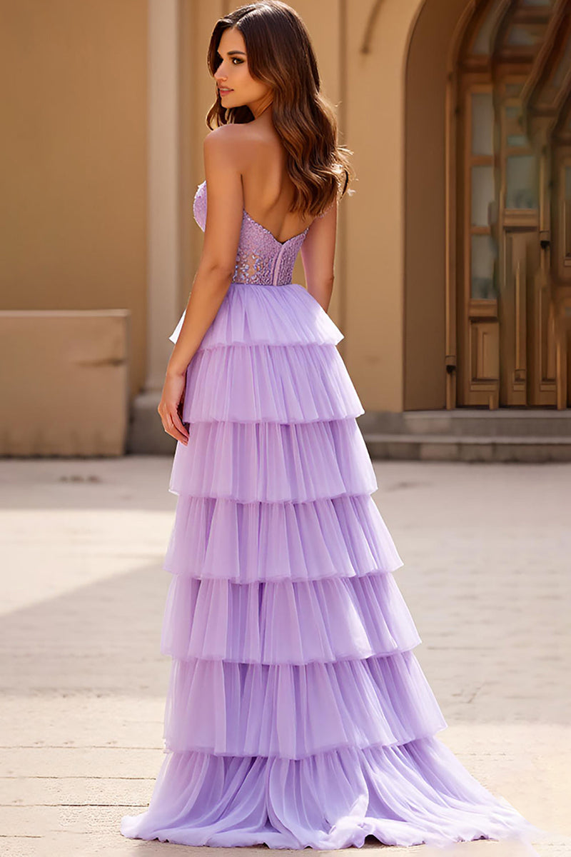 Load image into Gallery viewer, Lilac Lace Tulle Tiered Strapless Prom Dress with Slit