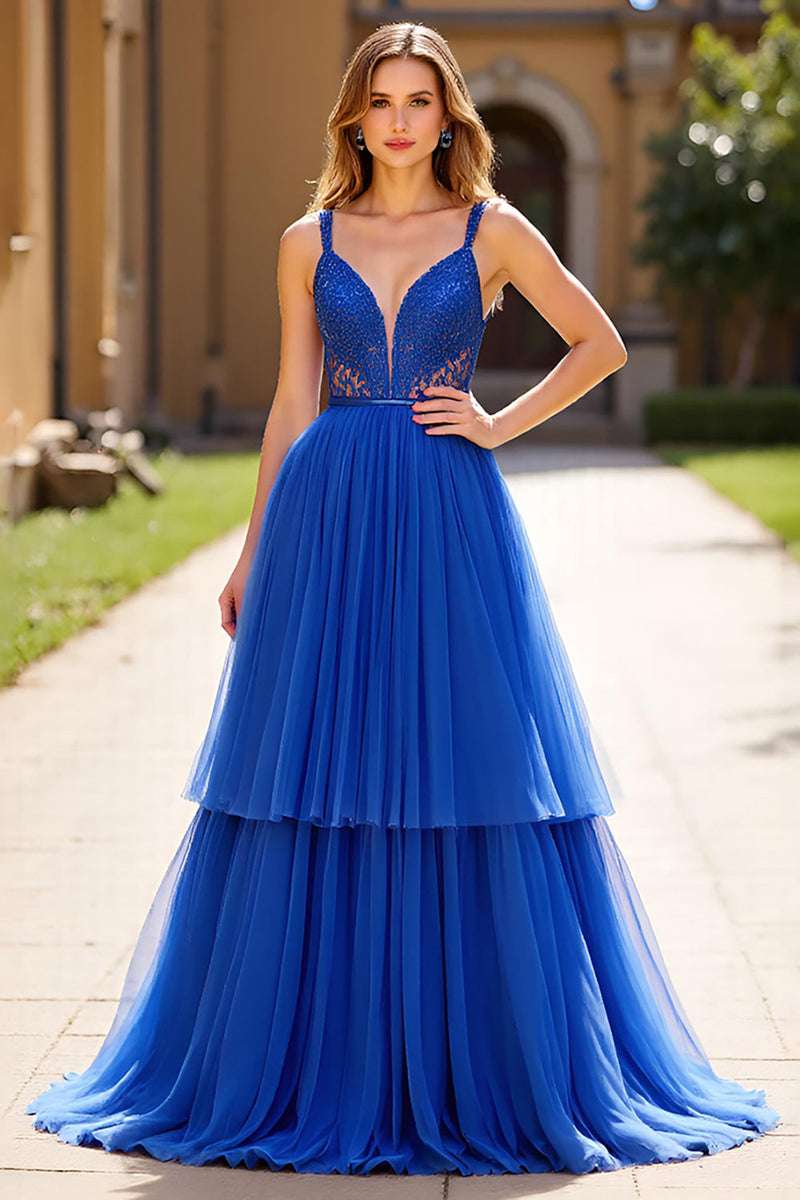 Load image into Gallery viewer, Royal Blue A Line Tulle Lace Spaghetti Straps Prom Dress with Beading