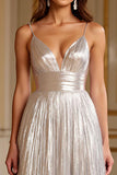 Glitter Silver Spaghetti Straps A Line Long Formal Dress