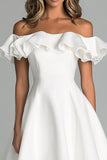 White Off The Shoulder A Line Wedding Dress With Ruffles