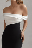 Matte Satin Sheath Off the Shoulder Black Tie Dress