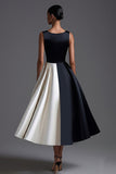 A Line Boat Neck Satin Black Tie Dress