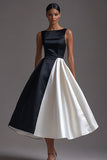 A Line Boat Neck Satin Black Tie Dress