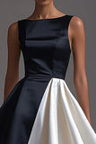 A Line Boat Neck Satin Black Tie Dress