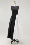A Line Boat Neck Satin Black Tie Dress