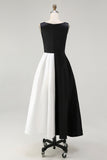 A Line Boat Neck Satin Black Tie Dress