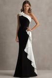 One Shoulder Mermaid Ruffles Long Black Tie Dress