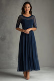 Navy Tulle A Line Half Sleeves Pleated Long Mother Of Bride Dress
