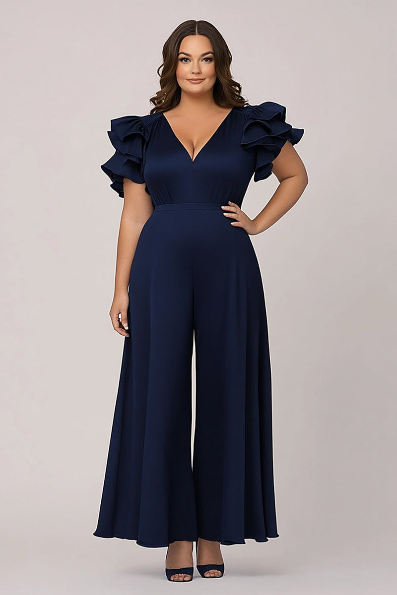 Load image into Gallery viewer, Ruffled V Neck Navy Plus Size Mother of the Bride Outfit