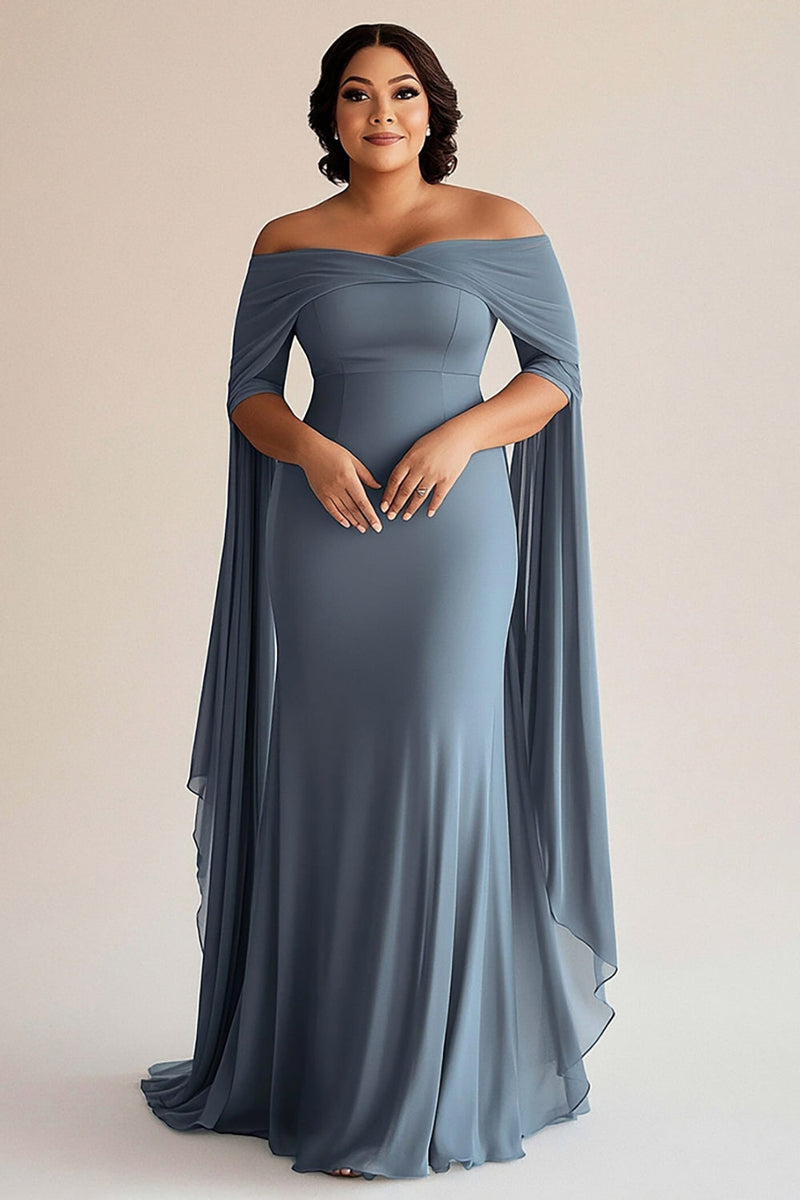 Load image into Gallery viewer, Off The Shoulder Grey Blue Sheath Chiffon Plus Size Mother of the Bride Dress