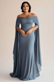 Off The Shoulder Grey Blue Sheath Chiffon Plus Size Mother of the Bride Dress