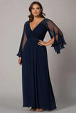 Navy A Line V-Neck Chiffon Lace Plus Size Mother of the Bride Dress