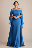 Off The Shoulder Blue Sheath Chiffon Plus Size Mother of the Bride Dress